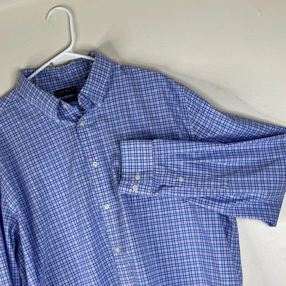 Lauren Ralph Lauren Shirt Mens 18 36/37 Blue Pink Plaid Stretch Tall Fit Button